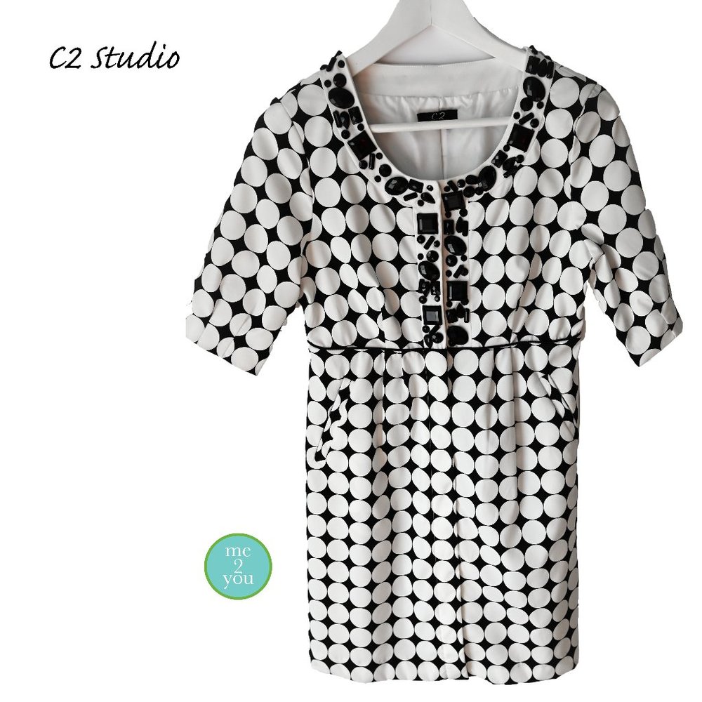 C2 STUDIO Black & White Circle Pattern Dress with Gemstones - Size Small - Picture 3 of 8